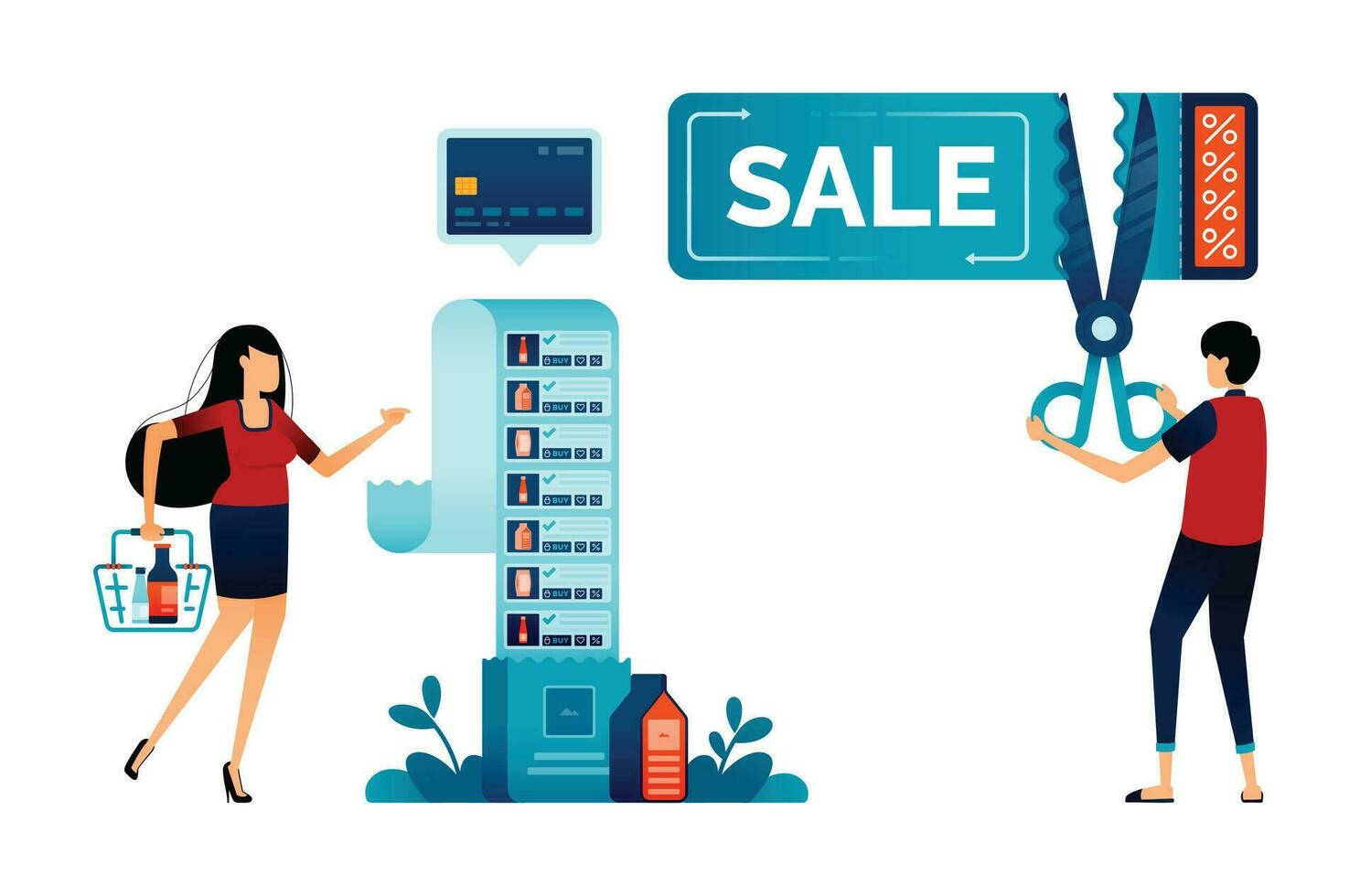 illustration of people get shopping discounts. Cut sale coupons with scissors to get discounts and offers. Monthly grocery shopping. Can be used for mobile apps, landing page, website, banner vector