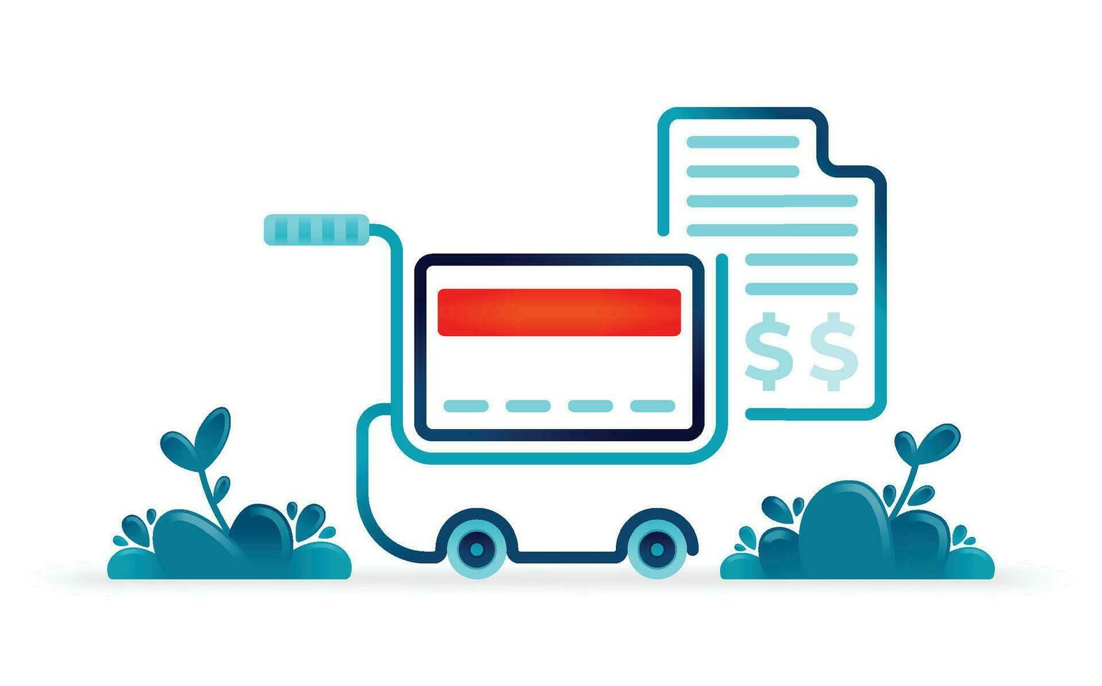Illustration of checkout shopping cart contains credit card and purchase receipts from e commerce. Can be used for posters, websites, brochures, banners vector