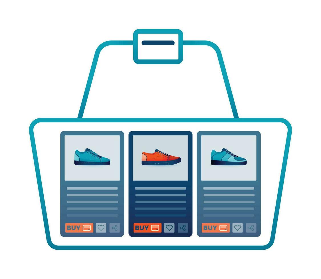 illustration of choosing sneakers in line basket or checkout of sneaker order. Design can be used for landing page, website, brochure, flyer vector