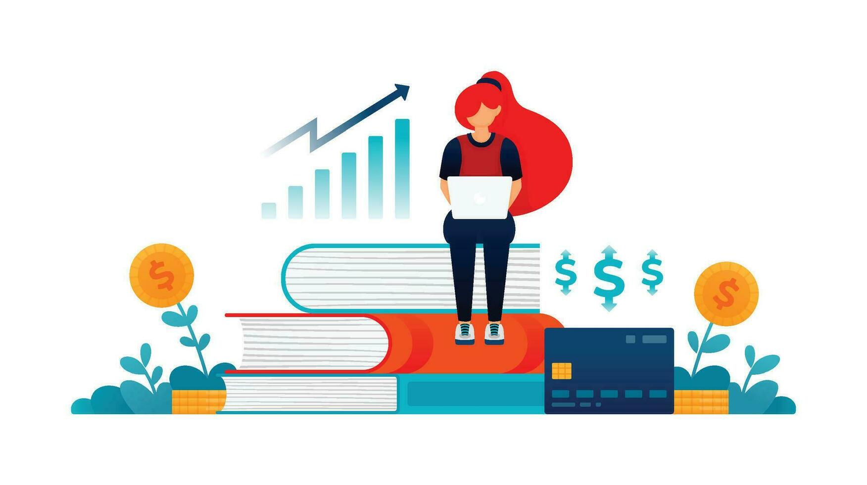 Illustration of female economics student sitting on pile of books to study investment and business to grow and gain profit form her funds. Can be used for web website poster mobile apps magazine ads vector