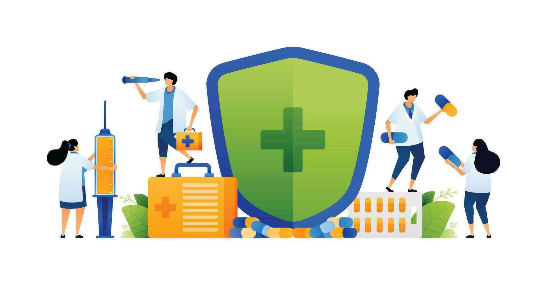 Vector illustration of doctor prescribing medicine with protective shield for safety. Medical professional with protective shield and prescription. Can use for ad, poster, campaign, website, apps