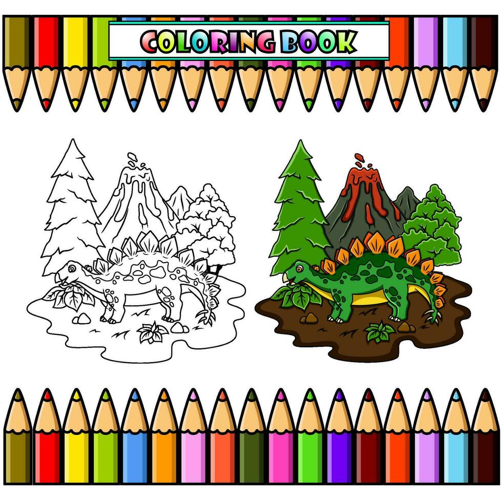 Cartoon stegosaurus in the jungle for coloring book vector