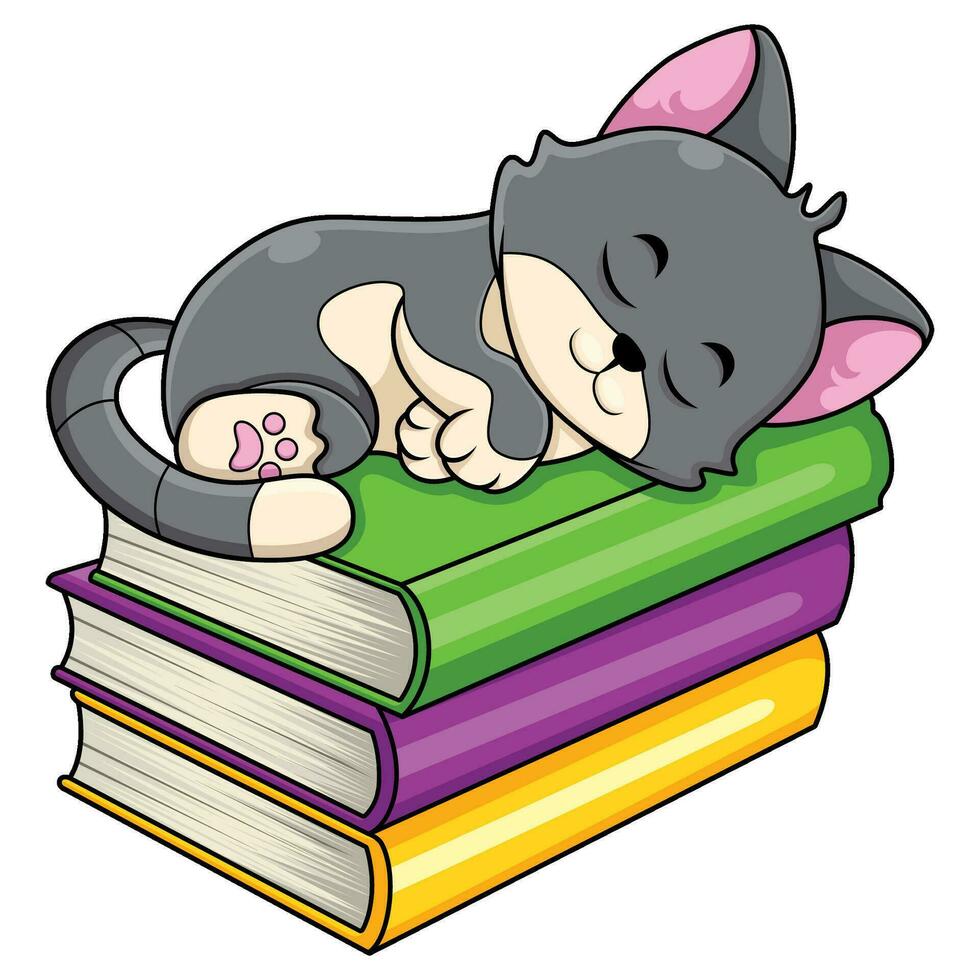linda gato dibujos animados dormido en pila de libros vector