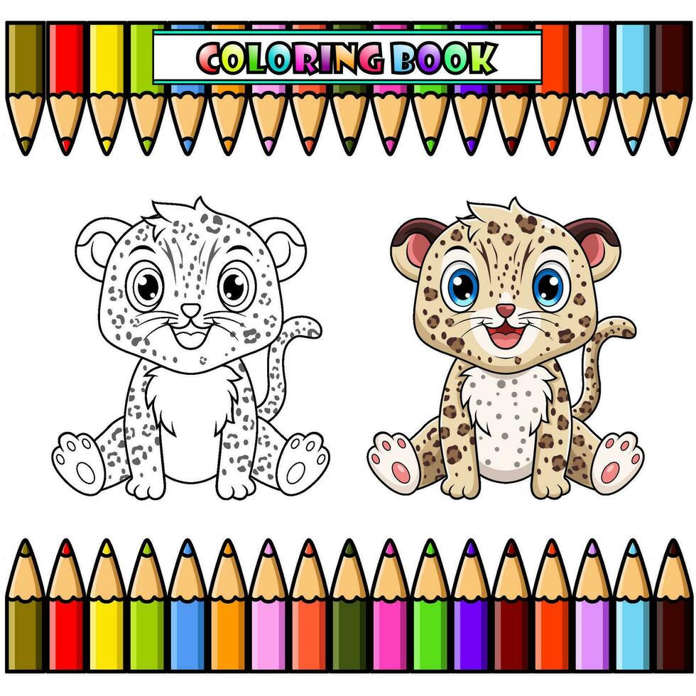 linda bebé leopardo dibujos animados sentado para colorante libro vector