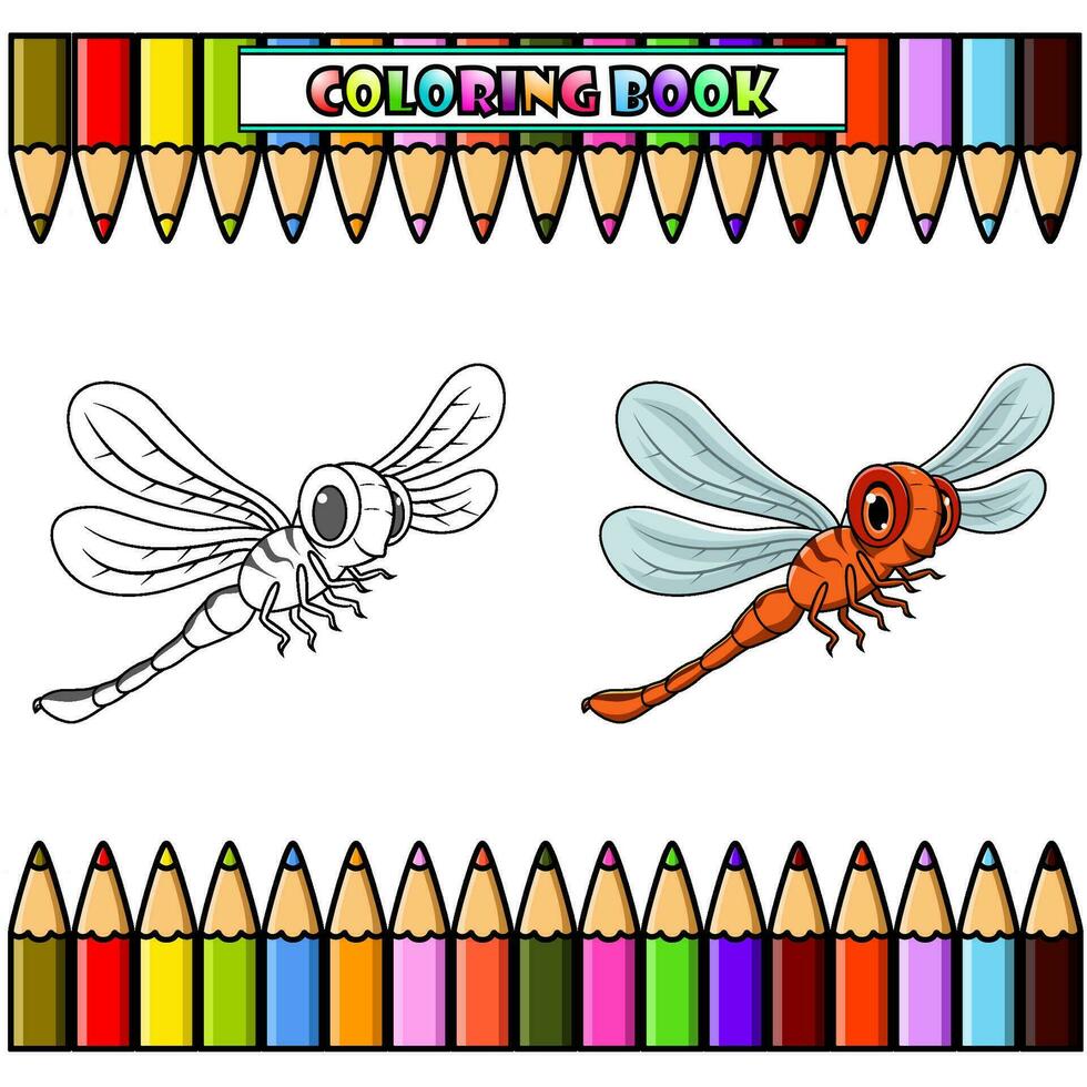 Cartoon funny dragonfly for coloring book vector