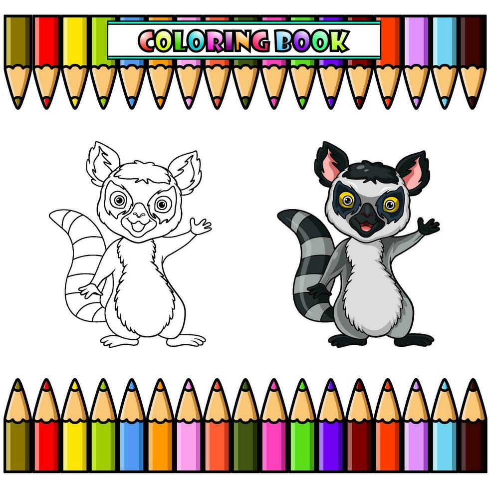 lemur cartoon waving hand for coloring book vector