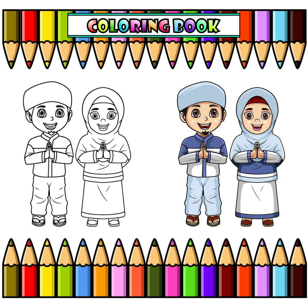 contento Pareja musulmán niños dibujos animados para colorante libro vector