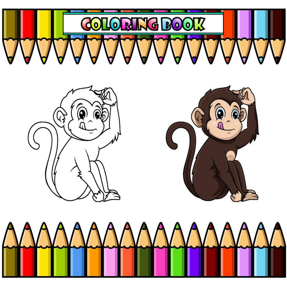 linda mono dibujos animados sentado para colorante libro vector