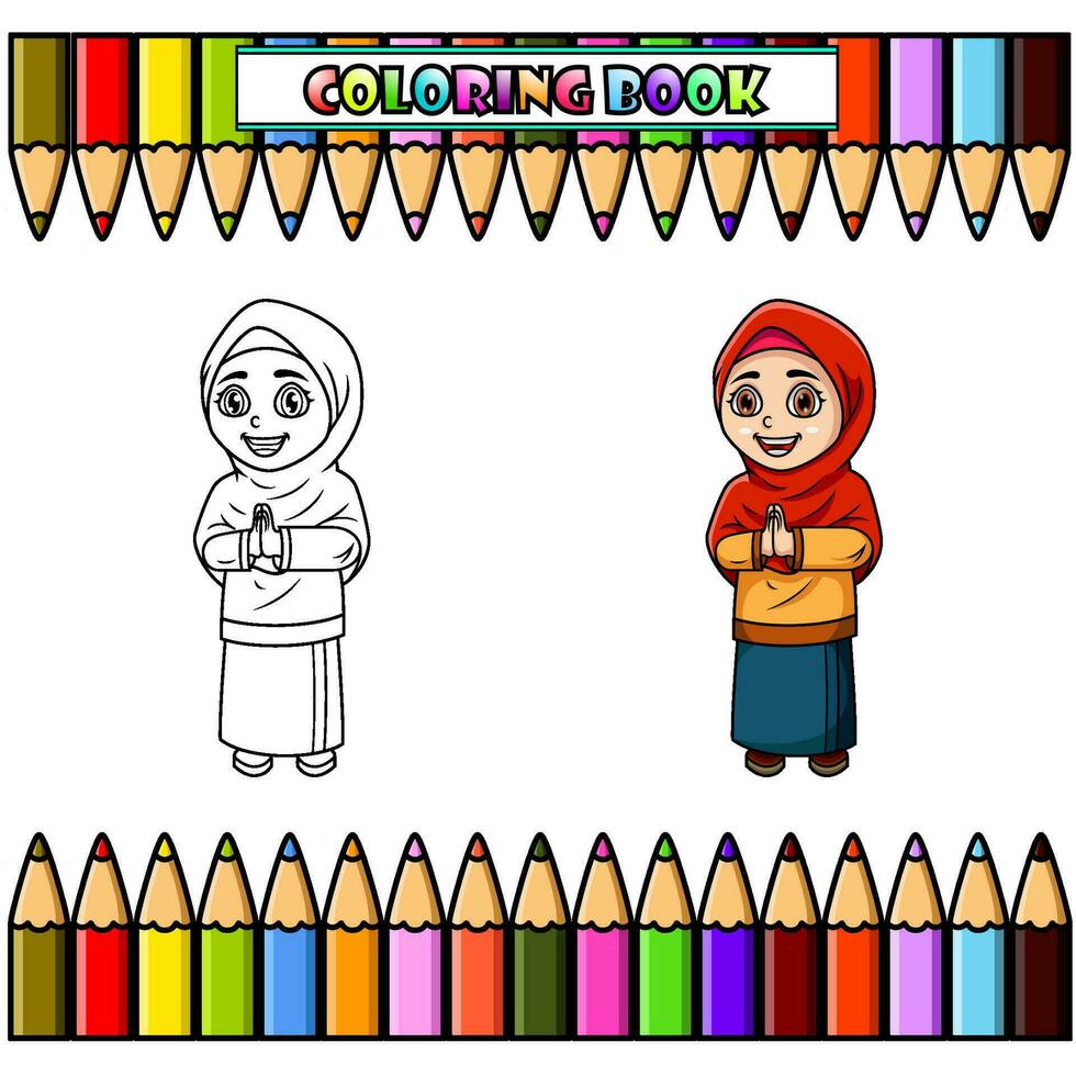 Happy muslim woman cartoon for coloring book vector
