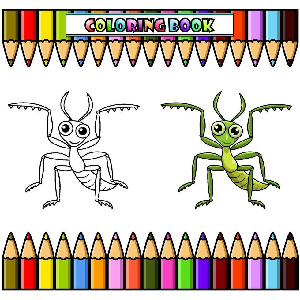 verde mantis dibujos animados posando para colorante libro vector