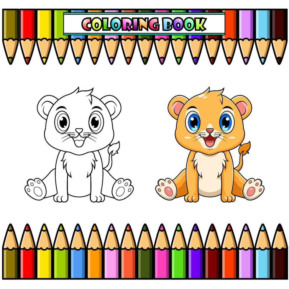 linda bebé león dibujos animados sentado para colorante vector