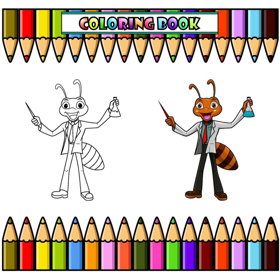 Ant scientist holding flask for coloring book vector