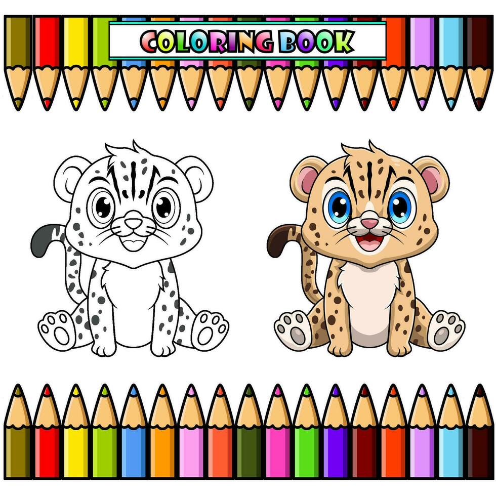 linda bebé leopardo dibujos animados sentado para colorante libro vector