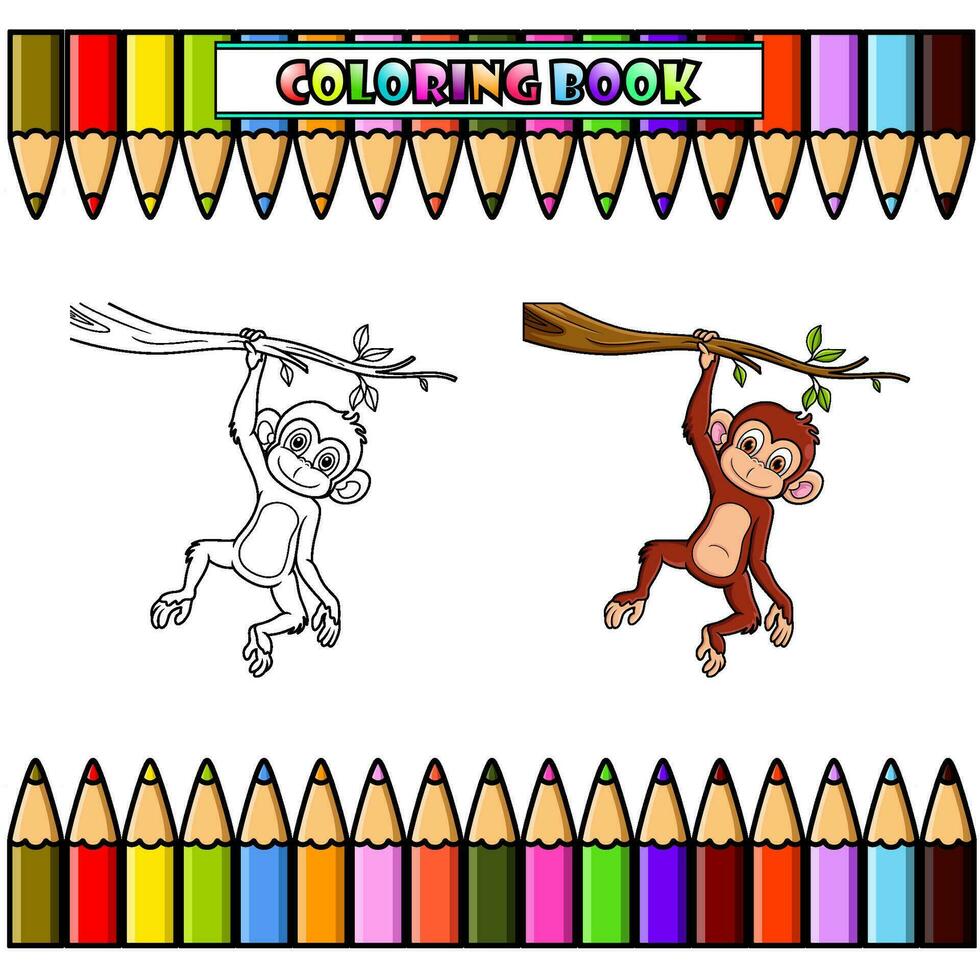Cartoon monkey hanging in tree branch for coloring book vector