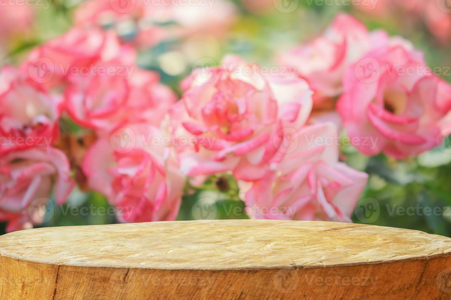 vacío antiguo árbol tocón mesa parte superior con difuminar Rosa jardín antecedentes para producto monitor foto