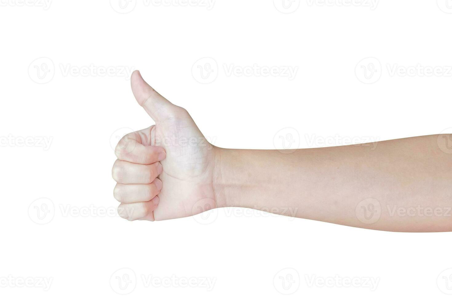 man hand gesture thumb up sign isolated on white background photo