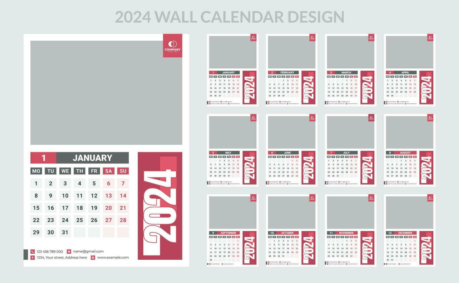2024 Business Wall Calendar template set. 12 page wall calendar. vector