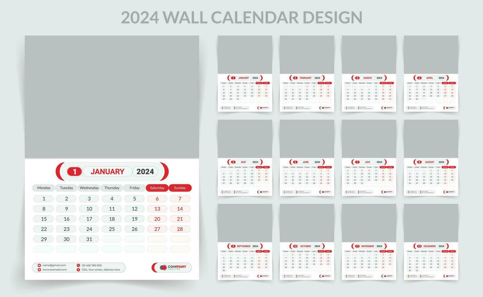 2024 Business Wall Calendar template set. 12 page wall calendar. vector