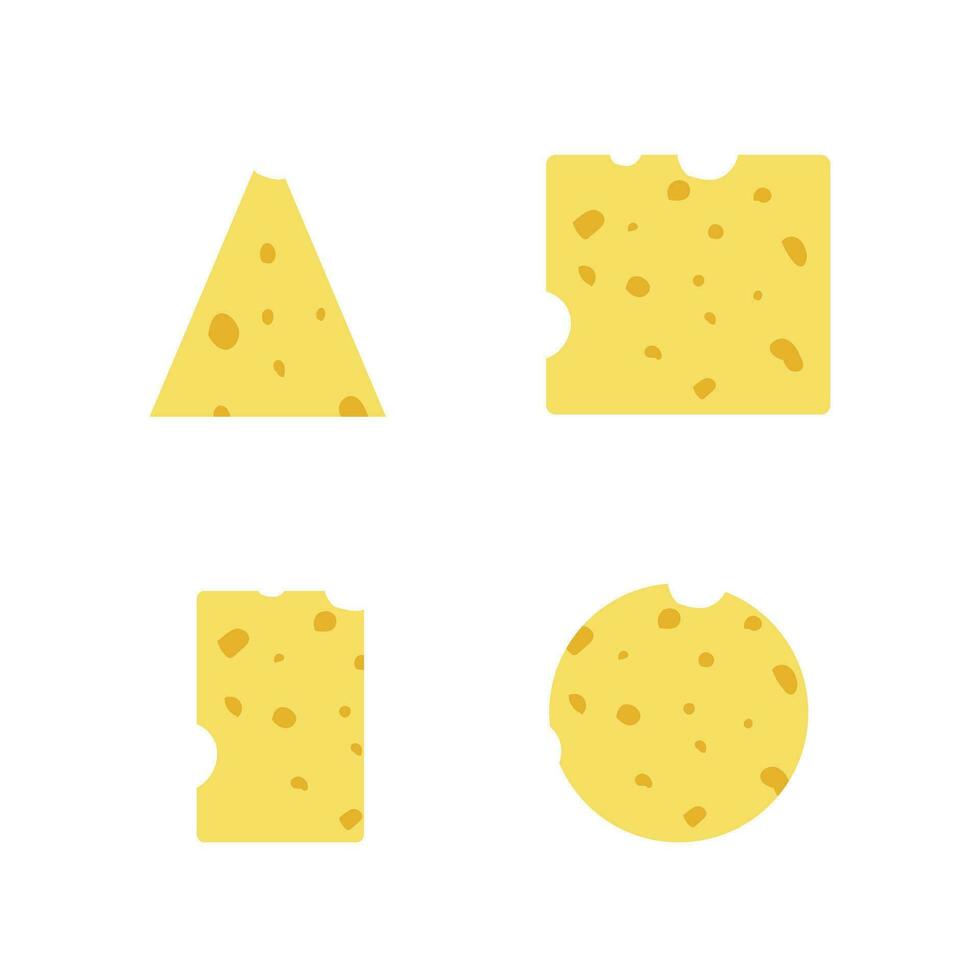 Cheese slice. Cheese icon. Swiss chees with holes. Yellow cheddar texture. Chedder icon isolated on white background. Different shapes of parmesan. Vector illustration.