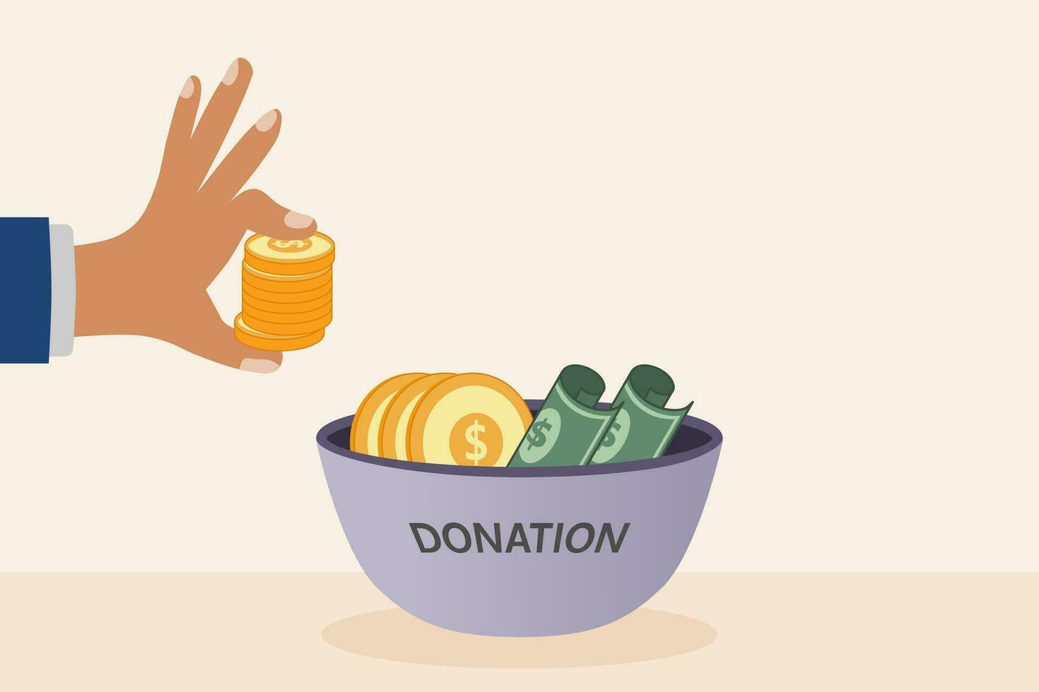 Hand putting coin in the donation bowl. Donation and charity concept. Vector illustration.