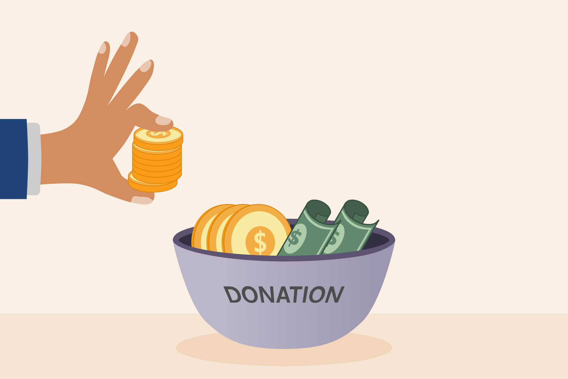 Hand putting coin in the donation bowl. Donation and charity concept