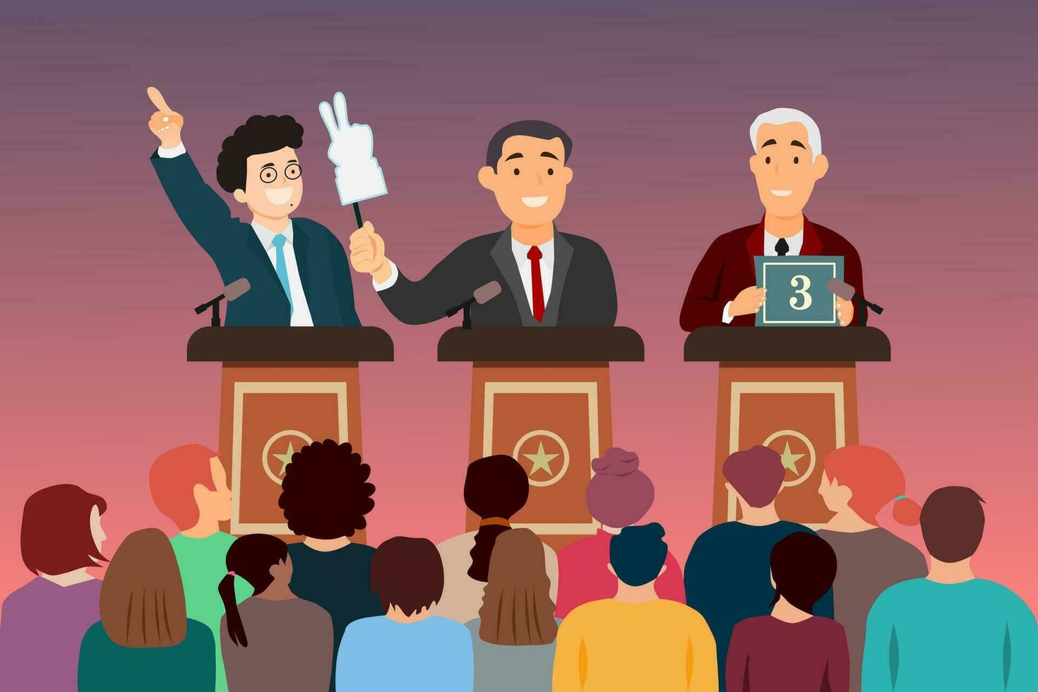Three man candidates are discussing on stage. Debates concept. Candidates speech in front of the crowd people. 2024 Indonesian general election. Vector illustration.