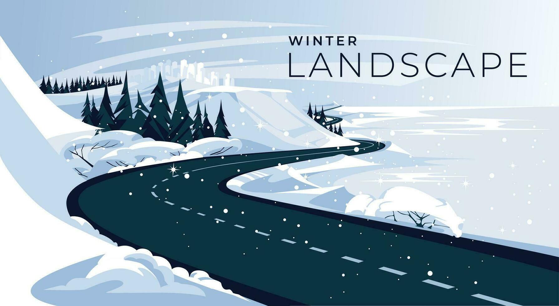 sea coast winter highway. City skyscrapers silhouettes. Frozen snow day. Christmas landscape of the cold season. Vector flat illustration
