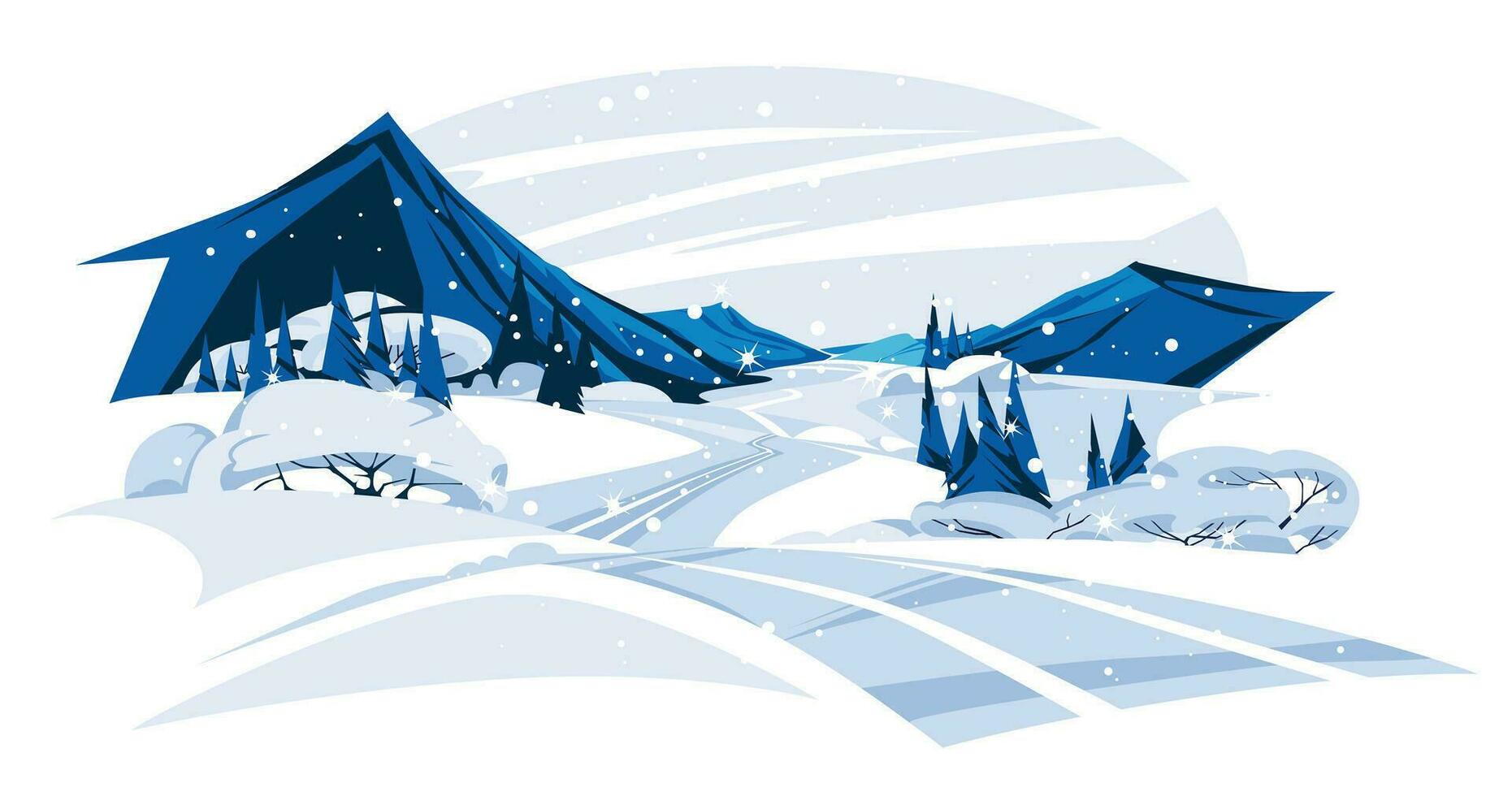 winter mountain road. The landscape of the valley of snow. Christmas cold season. Vector flat illustration