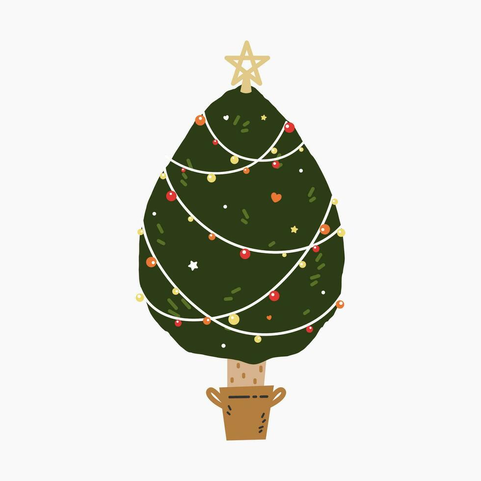 A cute Christmas tree with lovely decoration flat vector illustration isolated on white background. Merry Christmas and Happy New Year