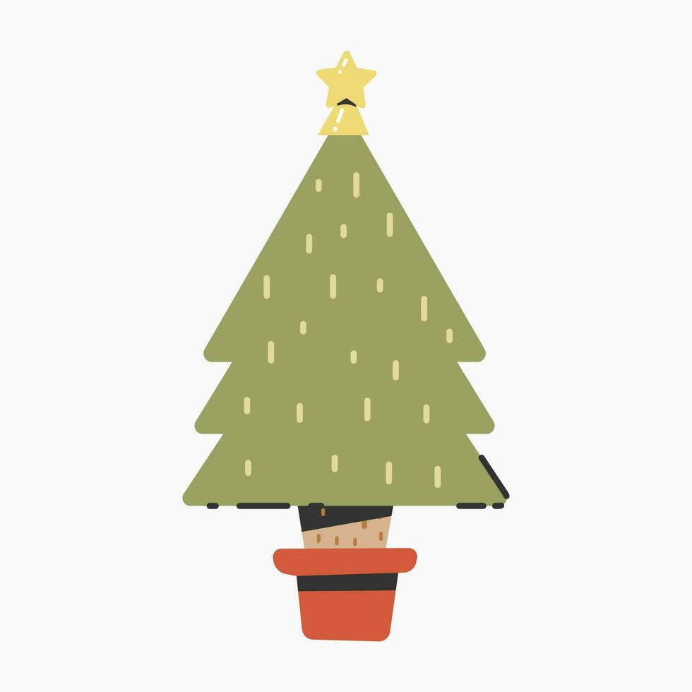 A cute Christmas tree with lovely decoration flat vector illustration isolated on white background. Merry Christmas and Happy New Year