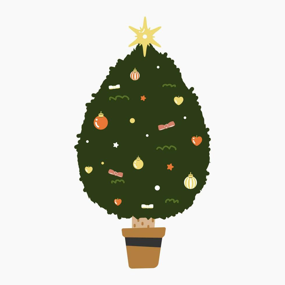 A cute Christmas tree with lovely decoration flat vector illustration isolated on white background. Merry Christmas and Happy New Year