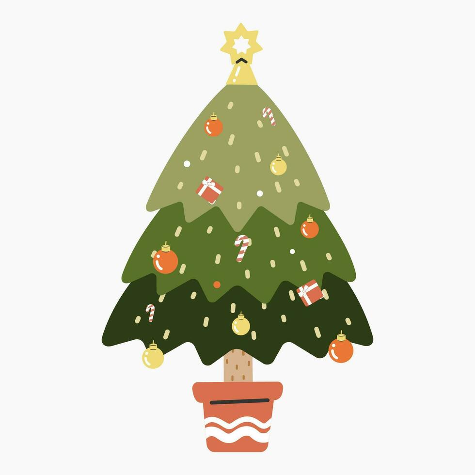 A cute Christmas tree with lovely decoration flat vector illustration isolated on white background. Merry Christmas and Happy New Year