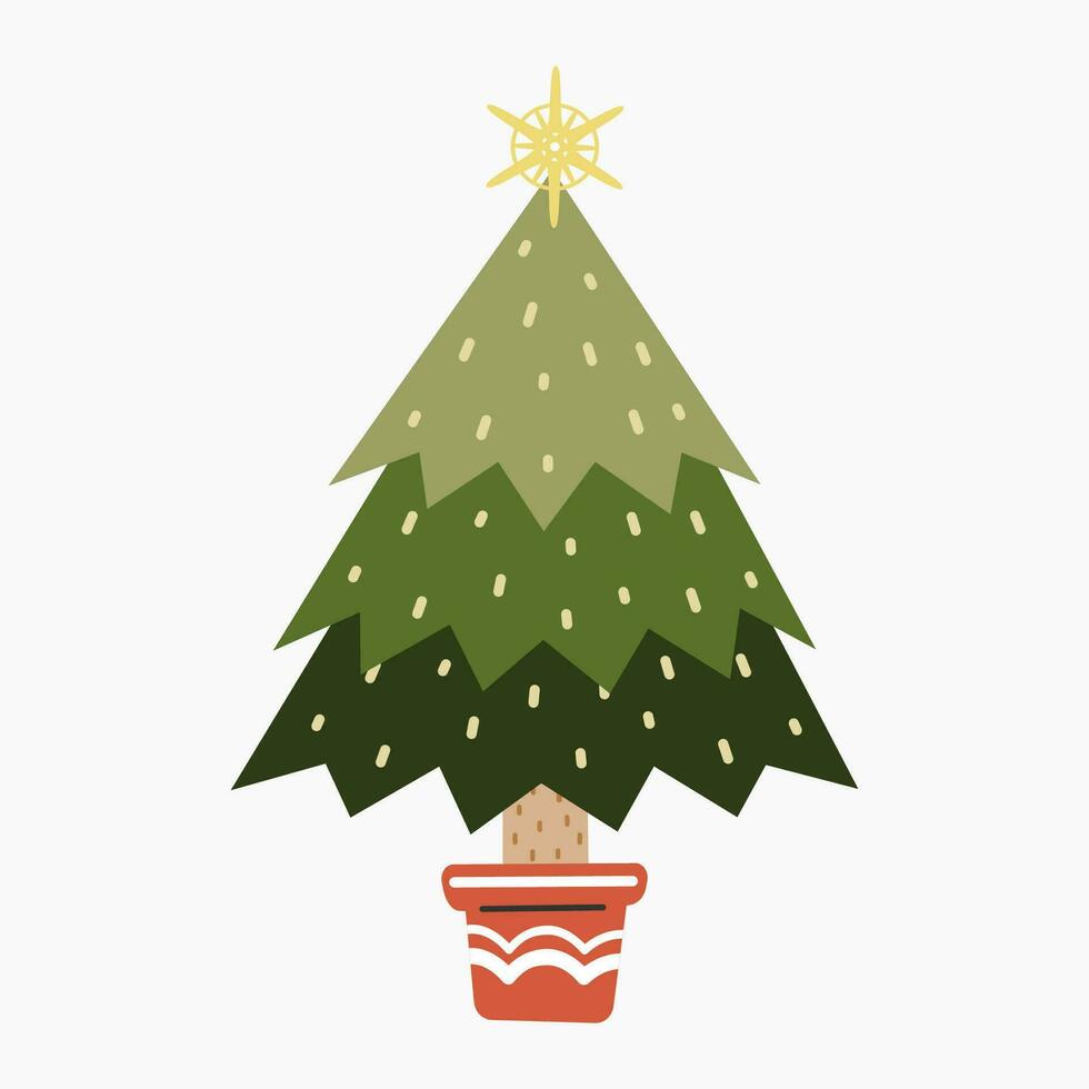 A cute Christmas tree with lovely decoration flat vector illustration isolated on white background. Merry Christmas and Happy New Year