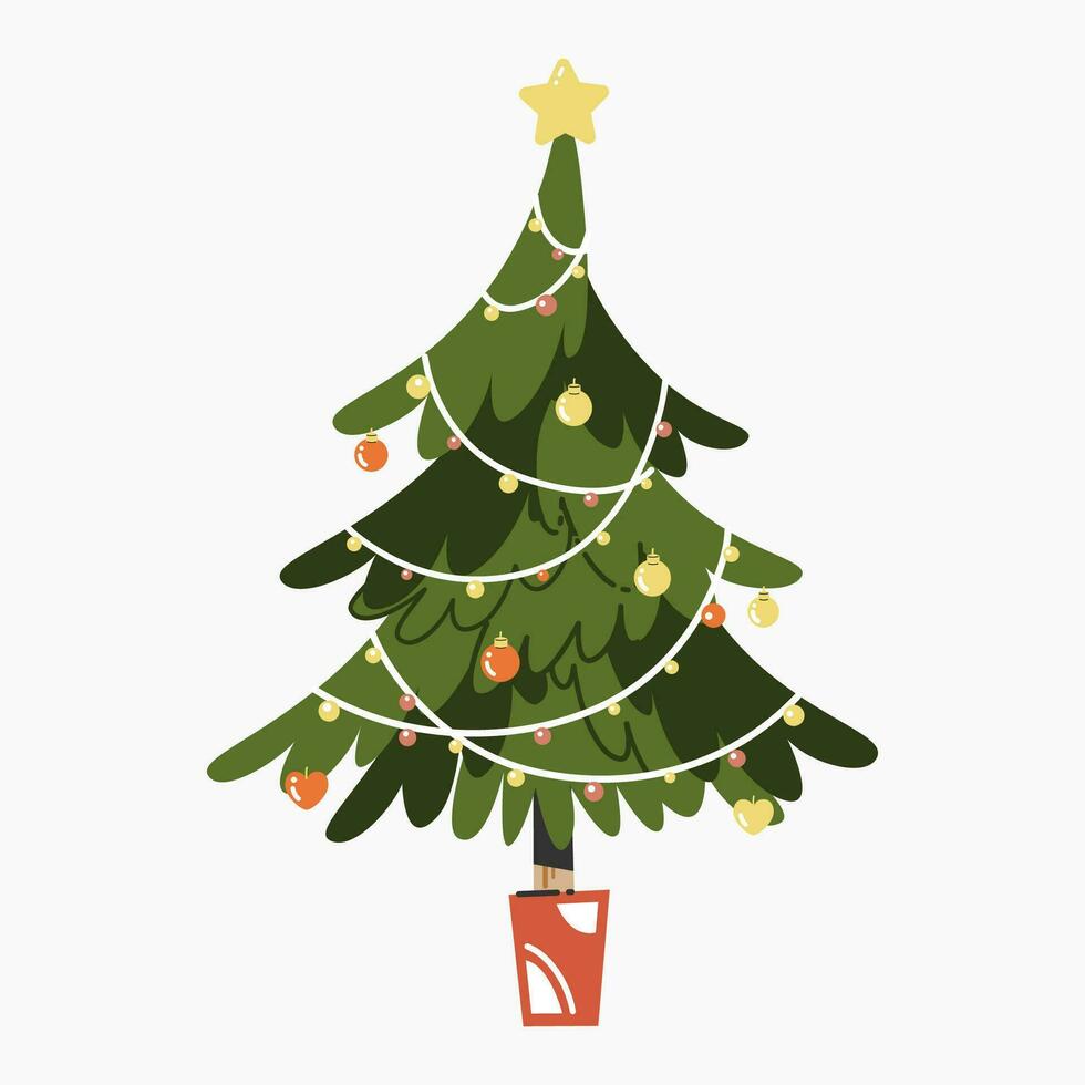 A cute Christmas tree with lovely decoration flat vector illustration isolated on white background. Merry Christmas and Happy New Year