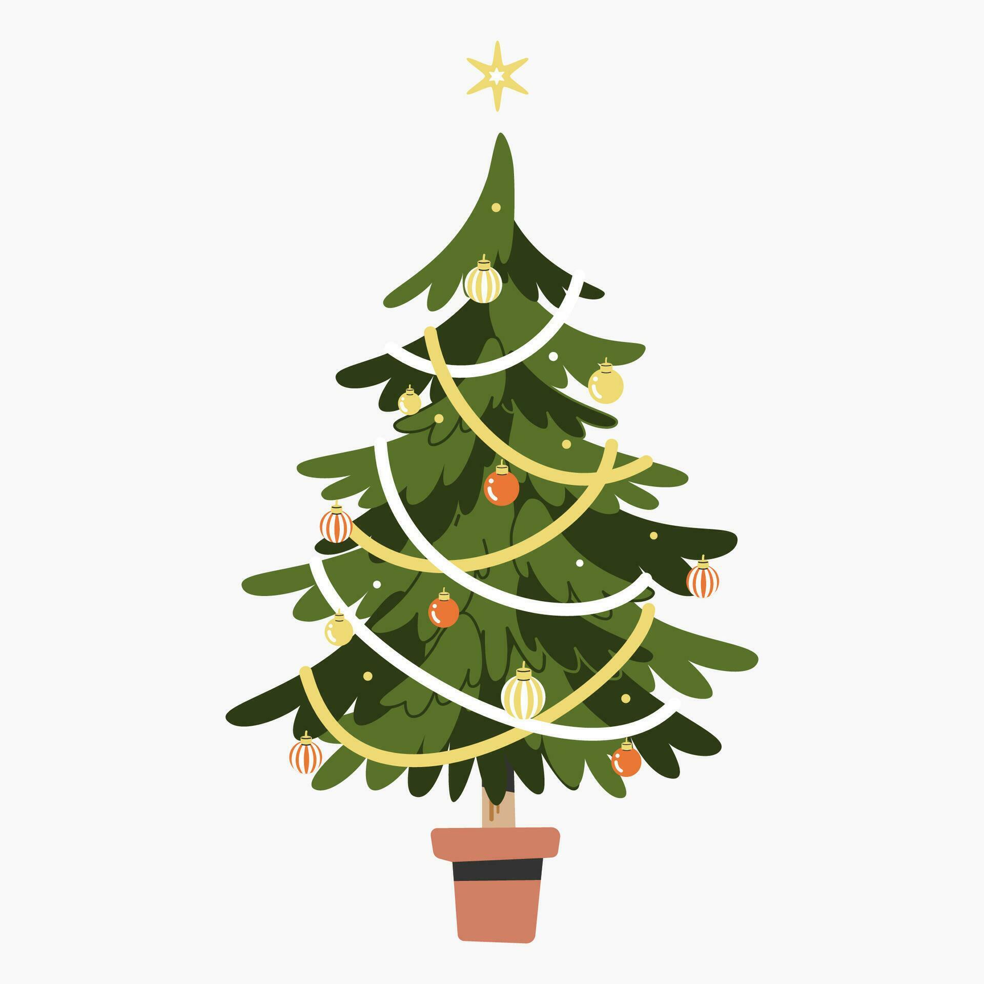 A cute Christmas tree with lovely decoration flat vector illustration isolated on white