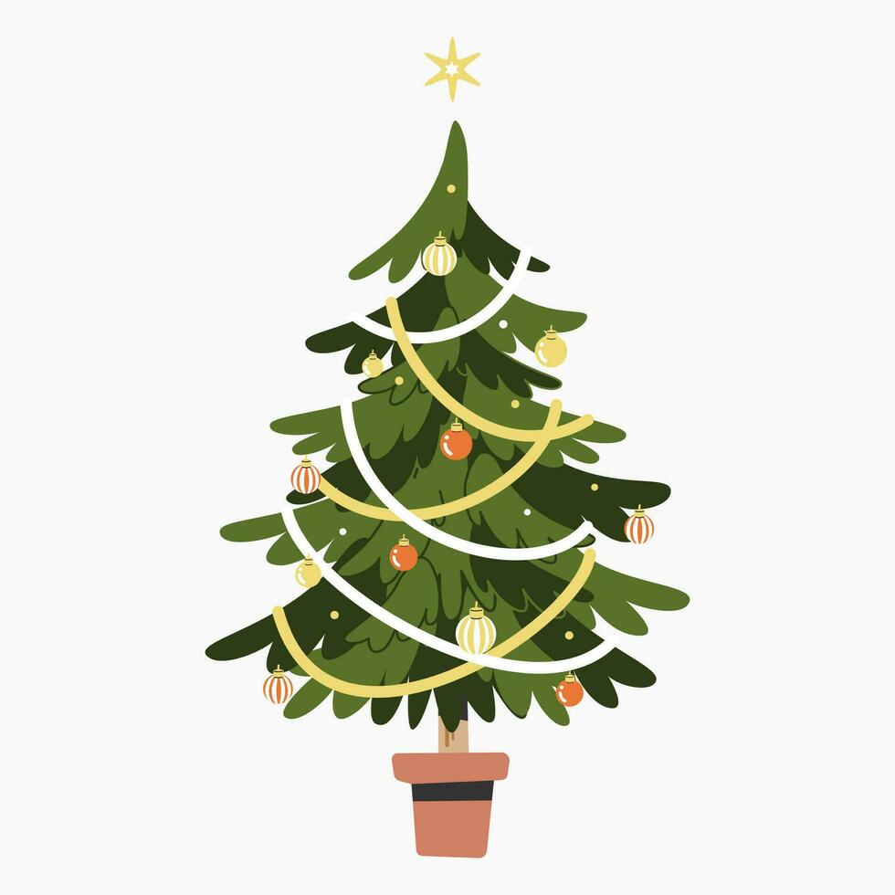 A cute Christmas tree with lovely decoration flat vector illustration isolated on white background. Merry Christmas and Happy New Year
