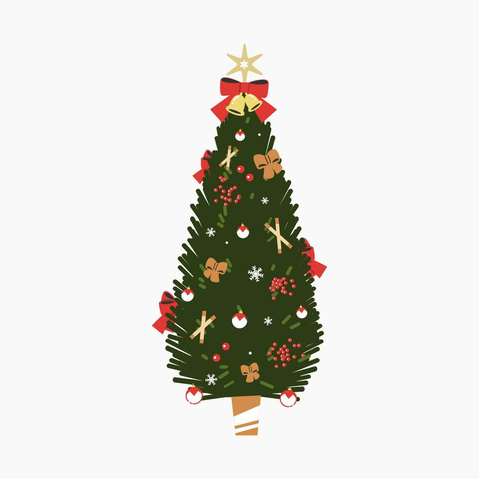 A cute Christmas tree with lovely decoration flat vector illustration isolated on white background. Merry Christmas and Happy New Year