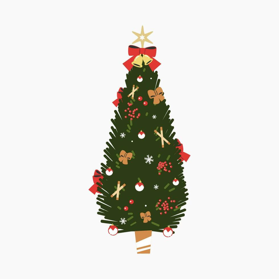 un linda Navidad árbol con encantador decoración plano vector ilustración aislado en blanco antecedentes. alegre Navidad y contento nuevo año