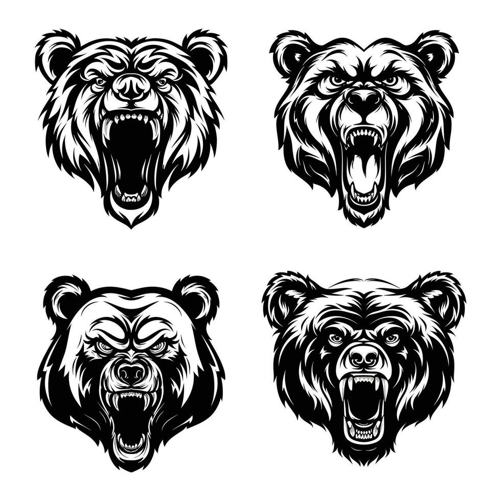 enojado oso cabeza icono aislado conjunto ilustración vector