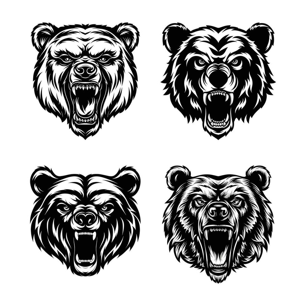 enojado oso cabeza icono aislado conjunto ilustración vector