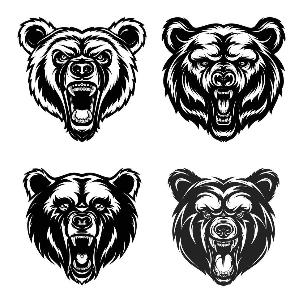 enojado oso cabeza icono aislado conjunto ilustración vector