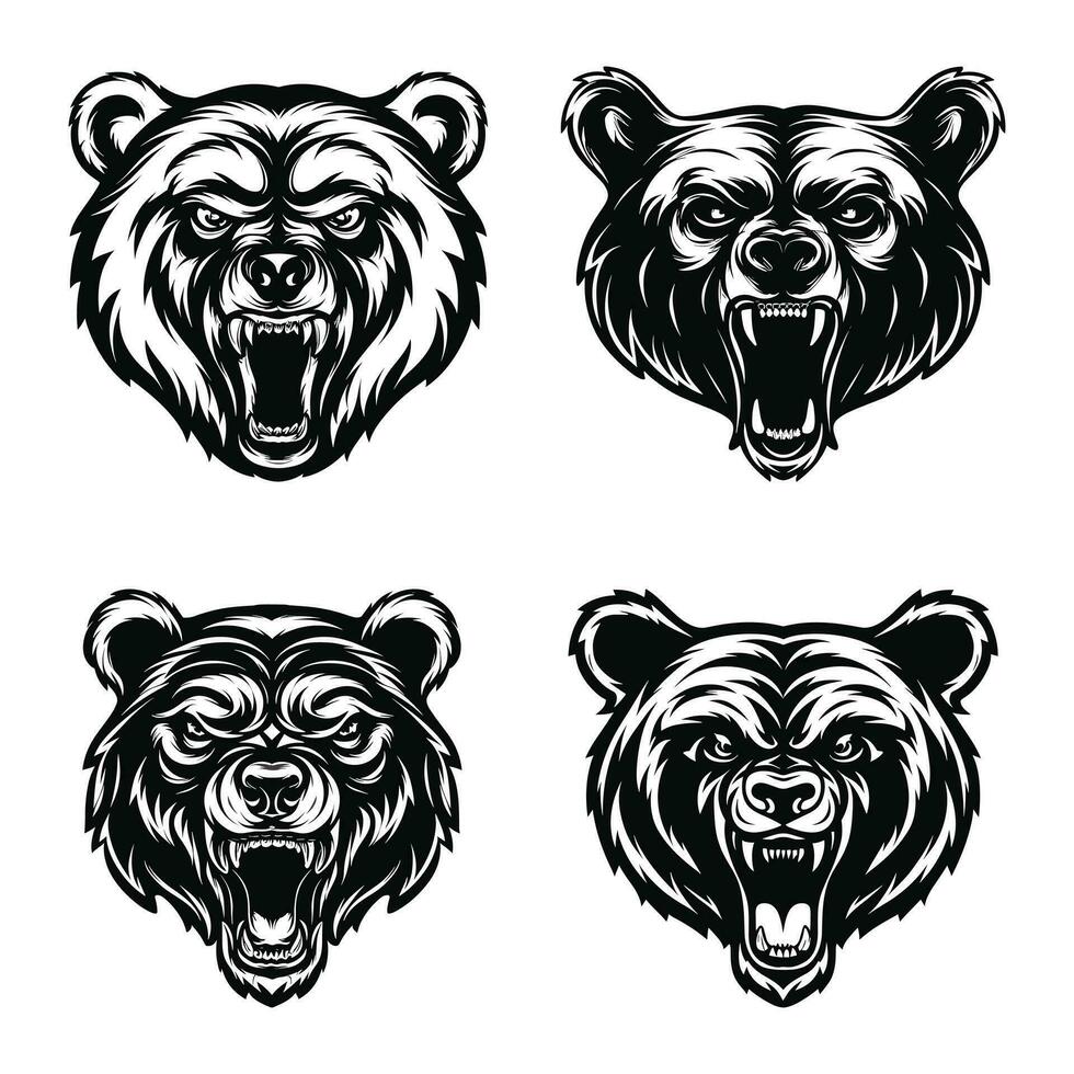 enojado oso cabeza icono aislado conjunto ilustración vector