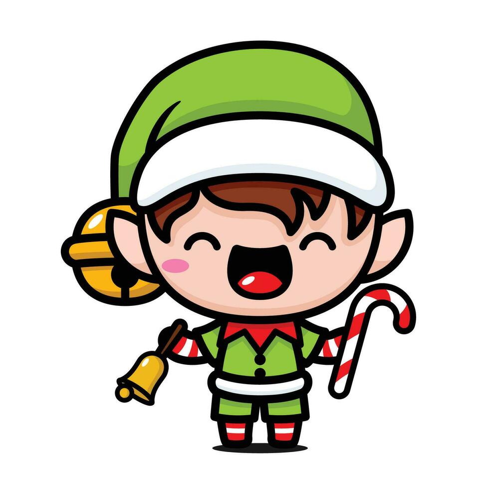 Cute And Kawaii Christmas Elf With Bell And Candy Cane vector