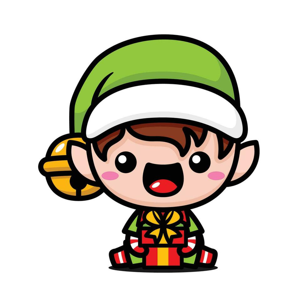 Cute And Kawaii Christmas Elf Sitting With A Gift Box vector