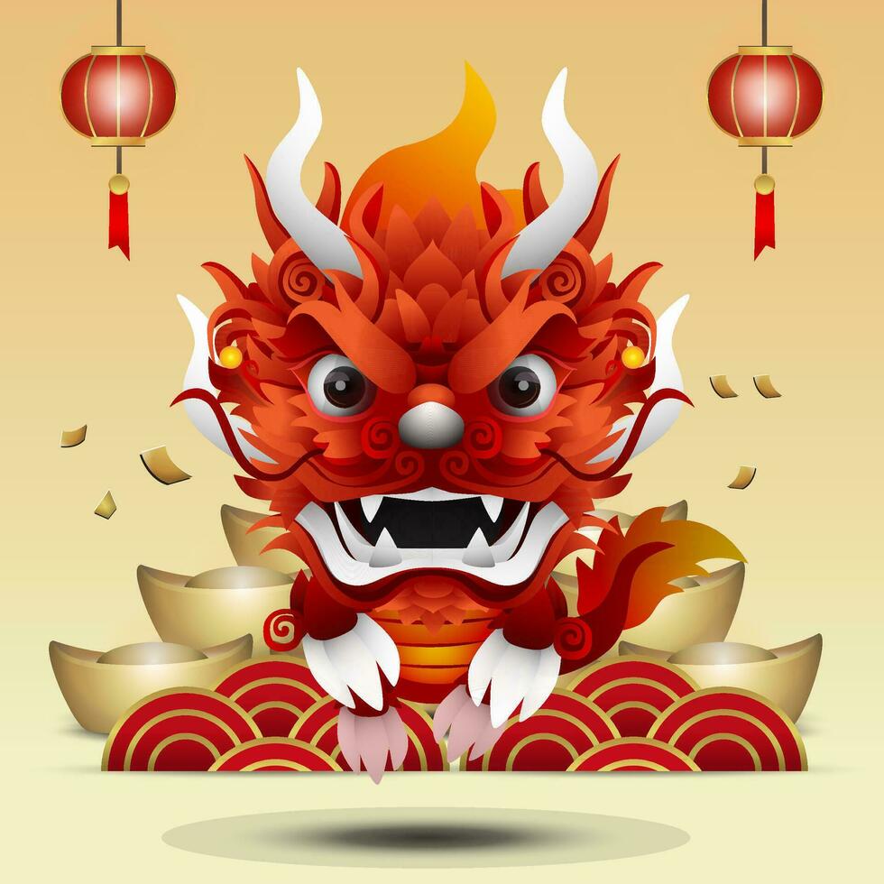 Happy Chinese New Year 2024, year of the dragon with a dragon vector detailed on a cream background