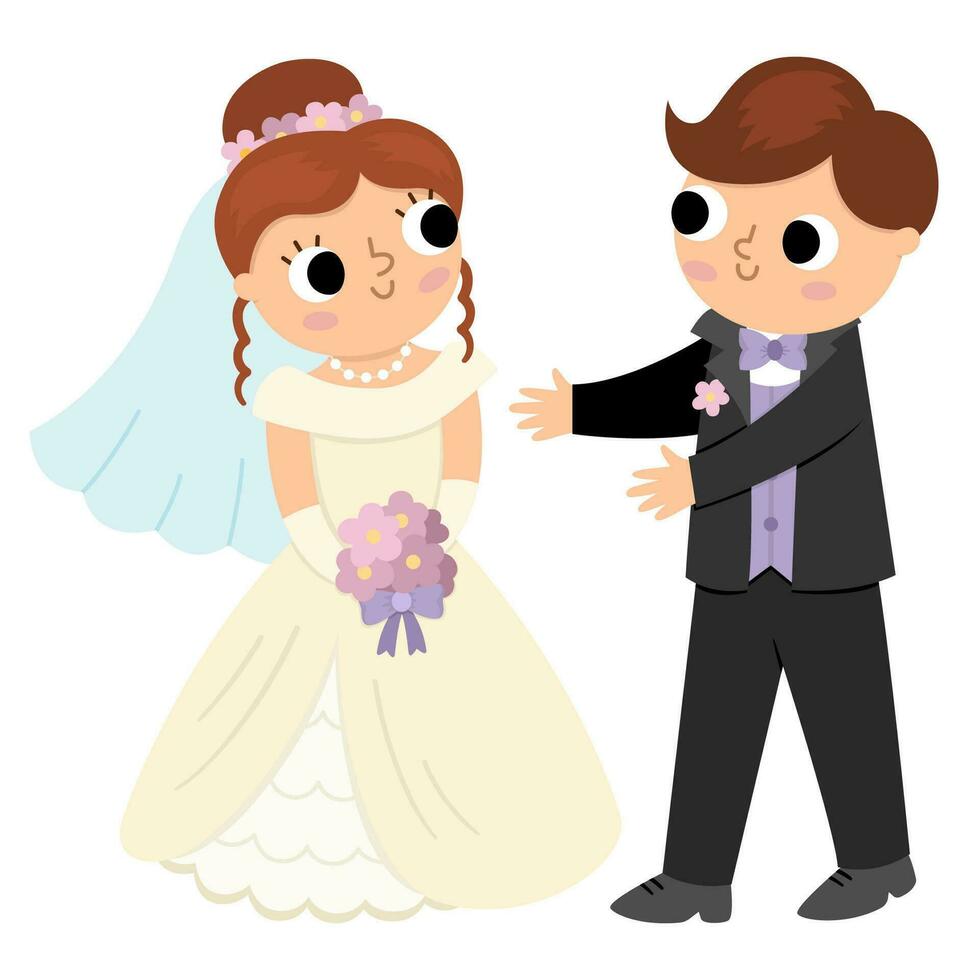 Vector illustration with bride and groom. Cute just married couple. Wedding ceremony icon. Cartoon marriage scene with newly married couple. Husband stacking out his hands to hug the wife