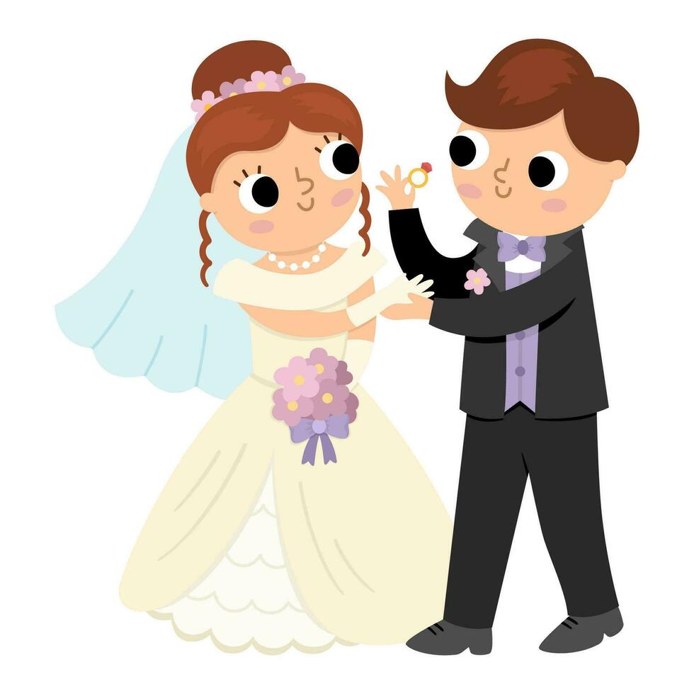 Vector illustration with bride and groom exchanging rings. Cute just married couple. Wedding ceremony icon. Cartoon marriage traditional scene with newly married couple, husband and wife