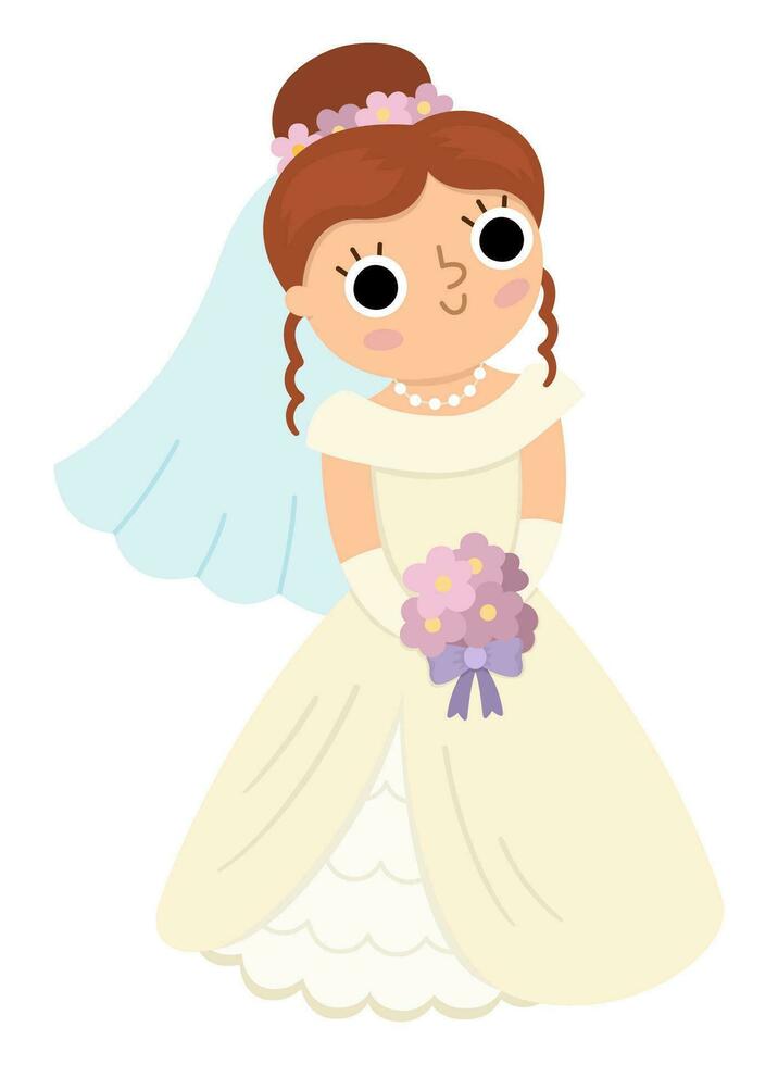Vector bride illustration. Cute just married girl. Wedding ceremony icon. Cartoon marriage scene with newly married woman. Cute lady in bridal dress with vail, bouquet and flowers on head