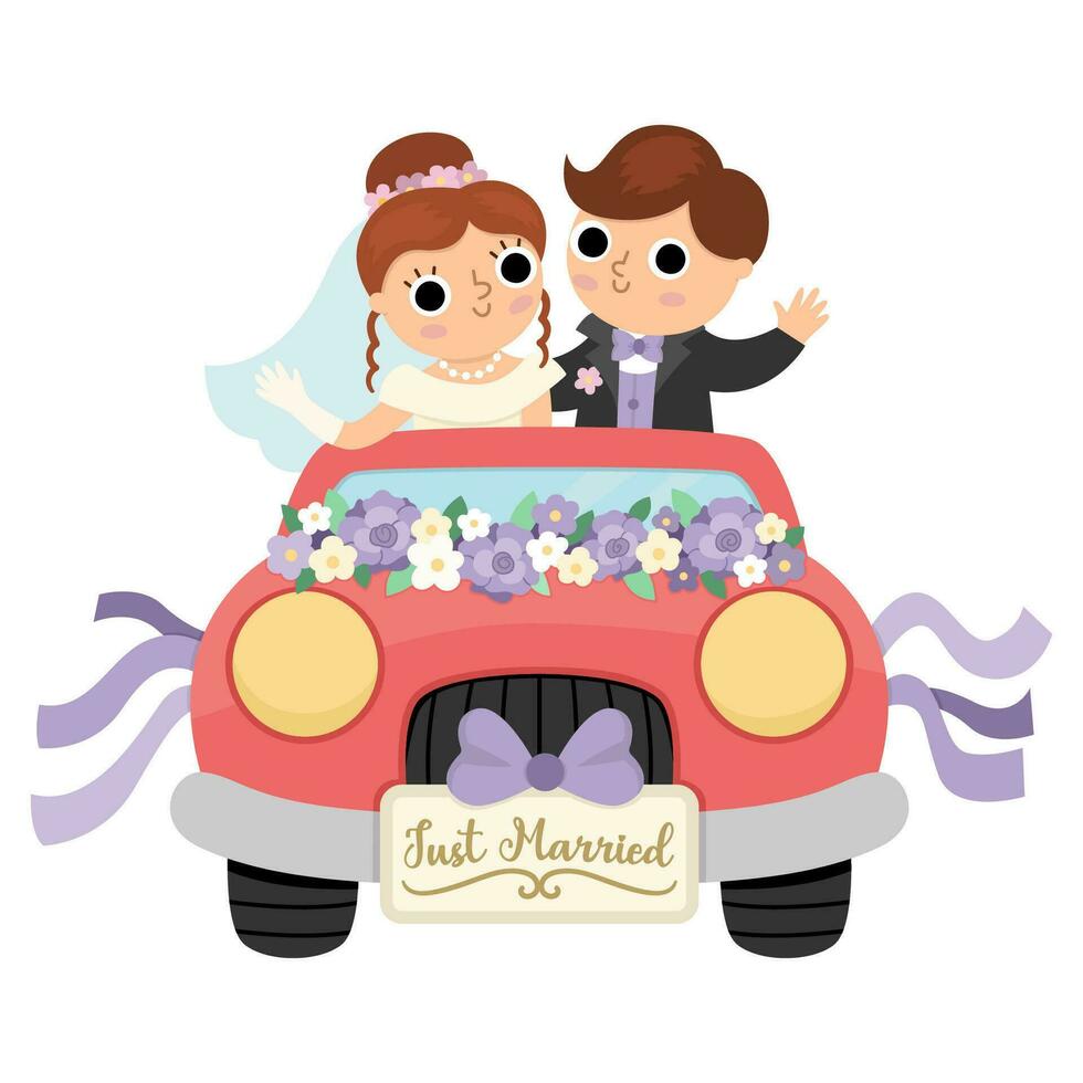 Vector illustration with bride and groom going to honeymoon. Cute just married couple. Wedding ceremony icon. Cartoon marriage scene with newly married couple and red decorated car