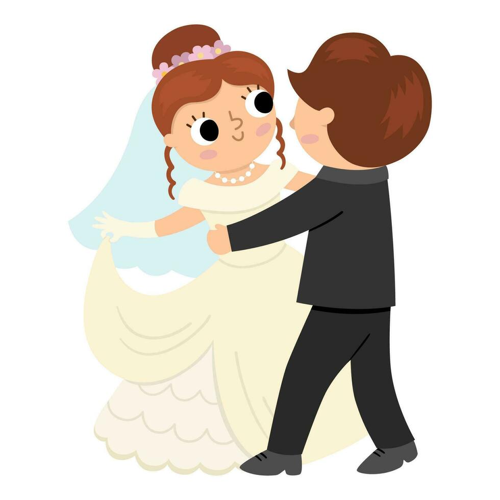 Vector illustration with bride and groom. Cute just married couple. Wedding ceremony icon. Cartoon marriage scene with husband and wife dancing their first dance. Newly married couple